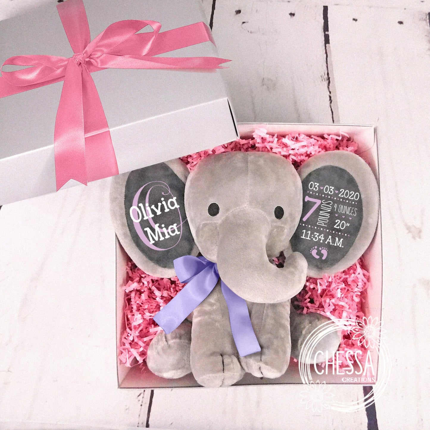 Floral Lilac Baby Girl Gift Basket Baby Shower Newborn Set 2-Piece Bodysuit & Elephant Stuffed Animal, Customized Swirlie Monogram