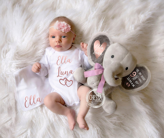 Rose Gold Baby Girl Gift Shower Set Personalized Stuffed Animal Newborn, Large Heart Design, 3-Piece Gifts Basket Bodysuit, Bib, Elephant