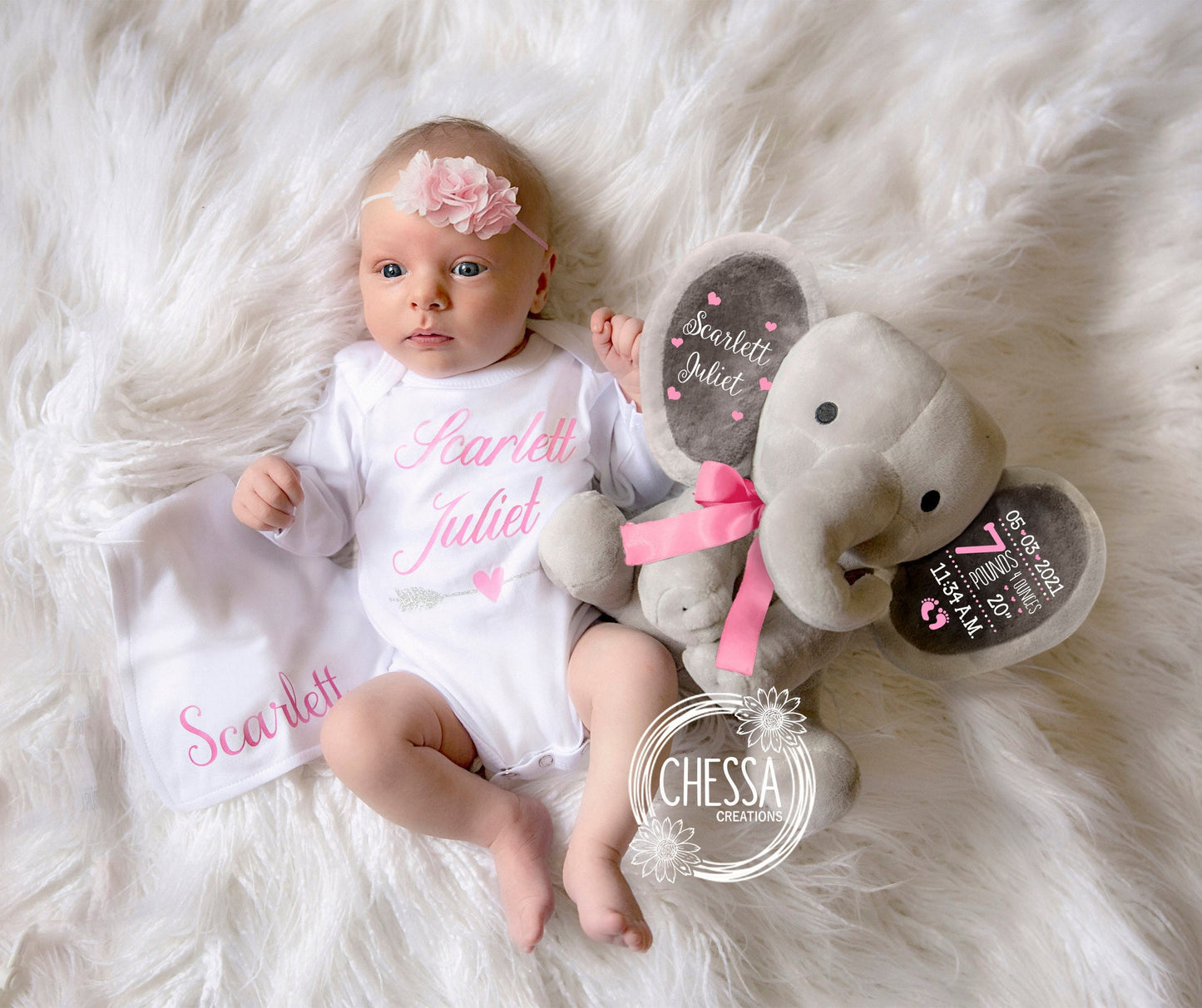 Personalized Baby Girl 3-Piece Gift Basket, Custom Elephant, Bodysuit, & Bib, Monogrammed Stuffed Animal, Newborn Girl Gift Set, Pink