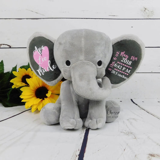 New Parent Gift, Baby Girl Birth Stats, Cute Personalized Elephant Stuffed Animal Birth Announcement