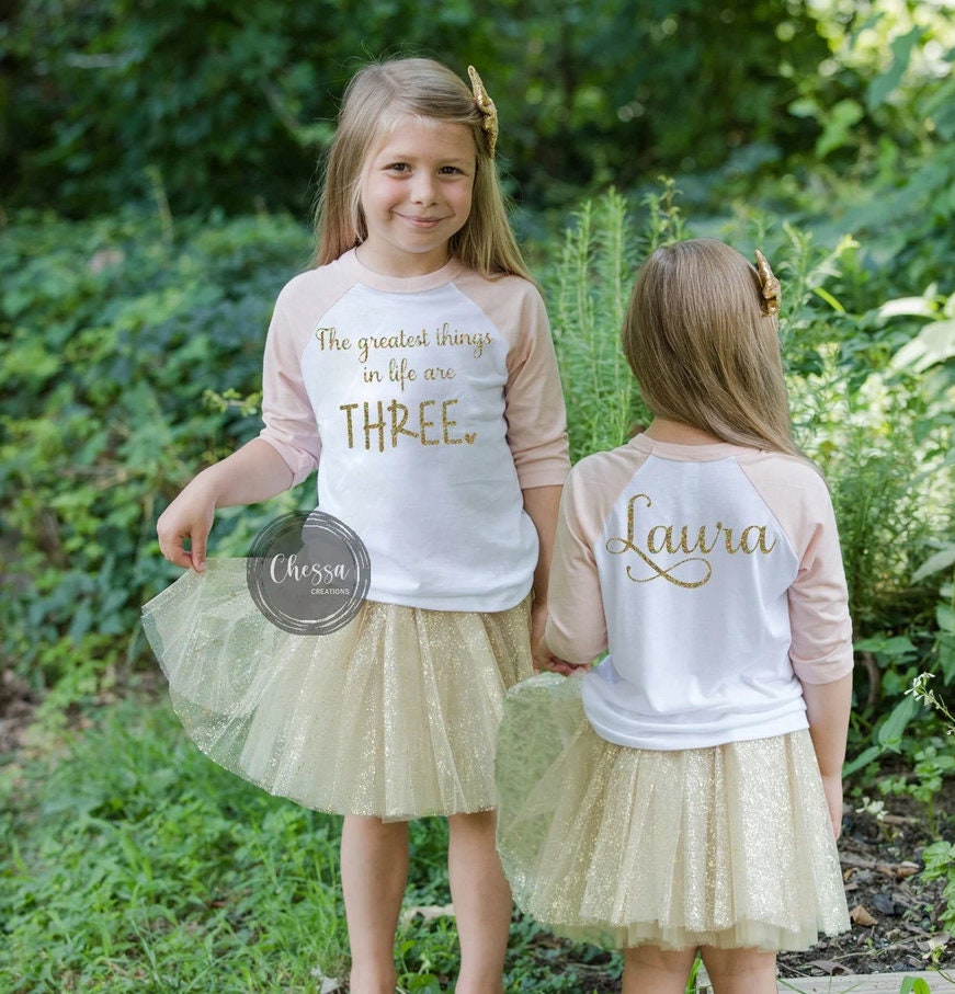 3 Year Old Birthday Shirt Girls Three 3rd Birthday Outfit Coral Gold Glitter, Chessa