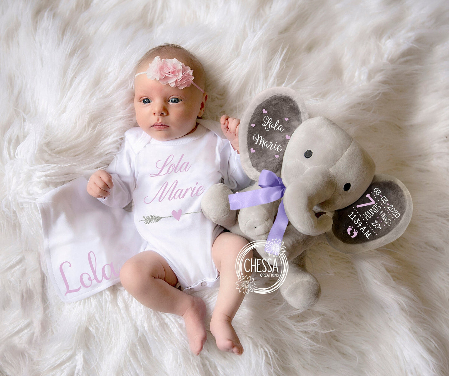 Baby Girl Gift Basket Baby Shower Newborn Set 2-Piece Bodysuit & Elephant Stuffed Animal, Box Customized Monogram Personalized Lilac