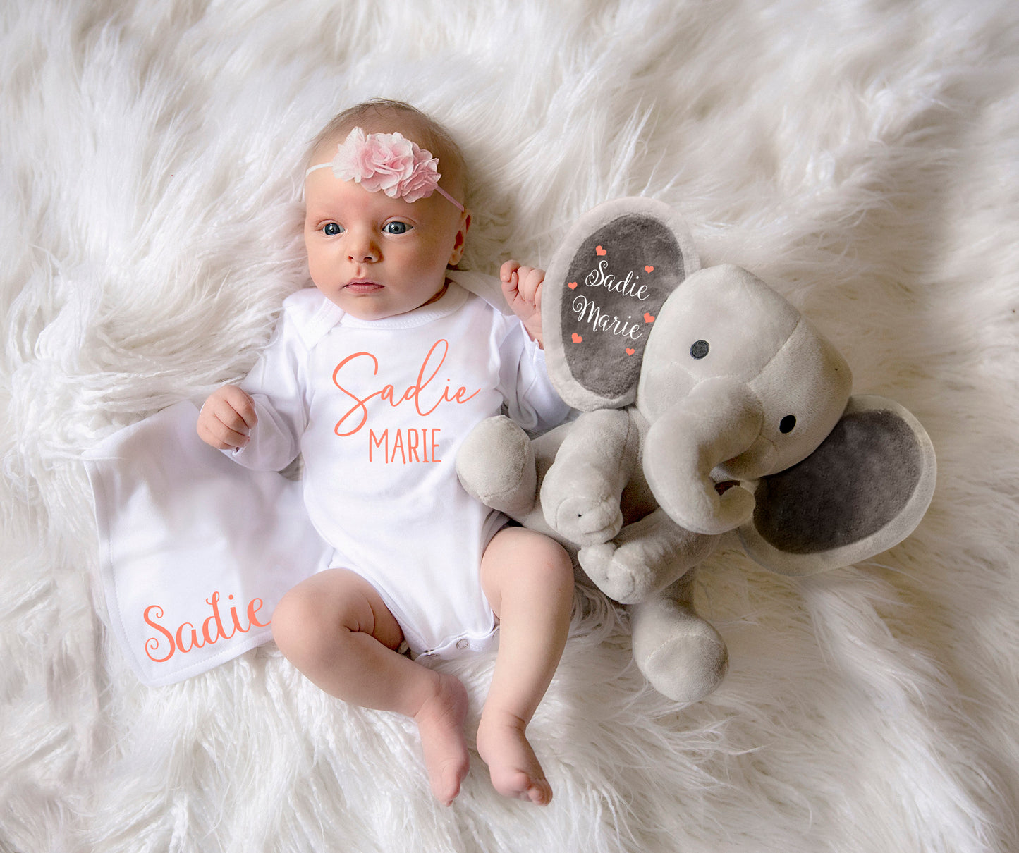 Girl Baby Shower Gift Set 3-Piece Personalized Items Elephant Stuffed Animal Monogrammed Bodysuit Custom Bib Newborn New Baby Basket Pink