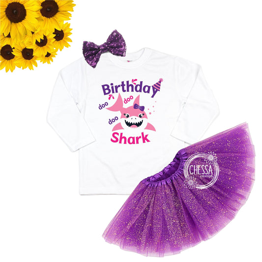 Baby Girl Shark Birthday Outfit 1st Birthday 2, 3, 4, 5, 6 Year Old Girl Birthday, Purple Pink, Long or Short Sleeve Shirt with Tutu and Bow