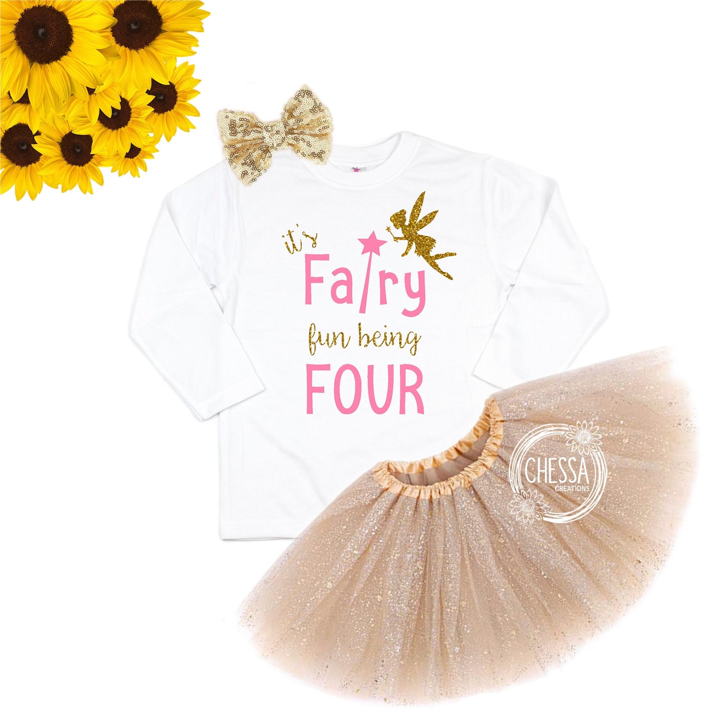 Girls Fairy 4th Birthday Party Outfit ANY AGE Fairy Party One Year Old Girl Birthday Outfit, 1, 2, 3, Gold and Pink Long Sleeve Tutu & Bow