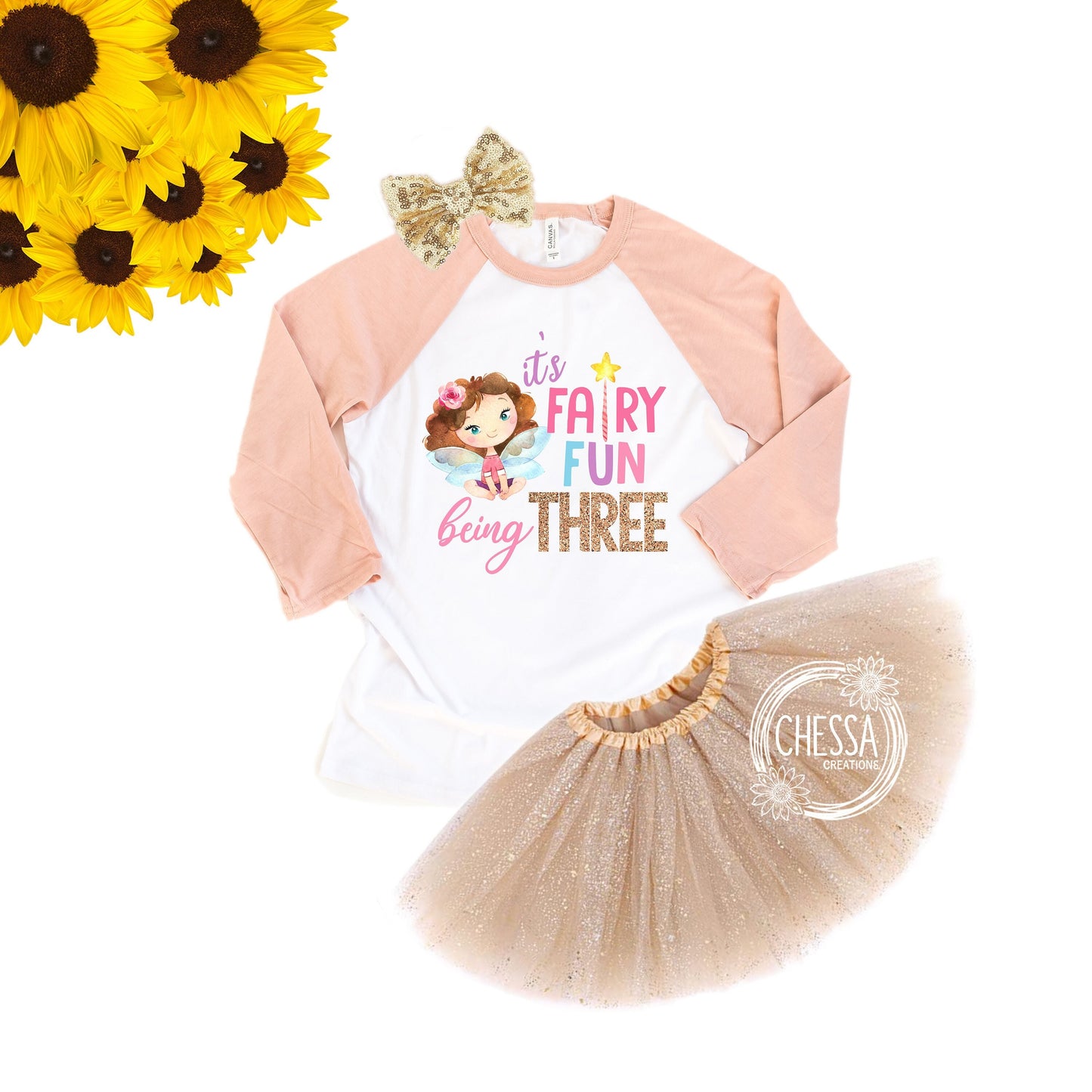 Girl Fairy Birthday Party Shirt Tutu Outfit for Girls, Short or Long Sleeve, ANY AGE! 1, 2, 3, 4, 5, 6, 7, 8 Year Old, Gold Tutu and Bow