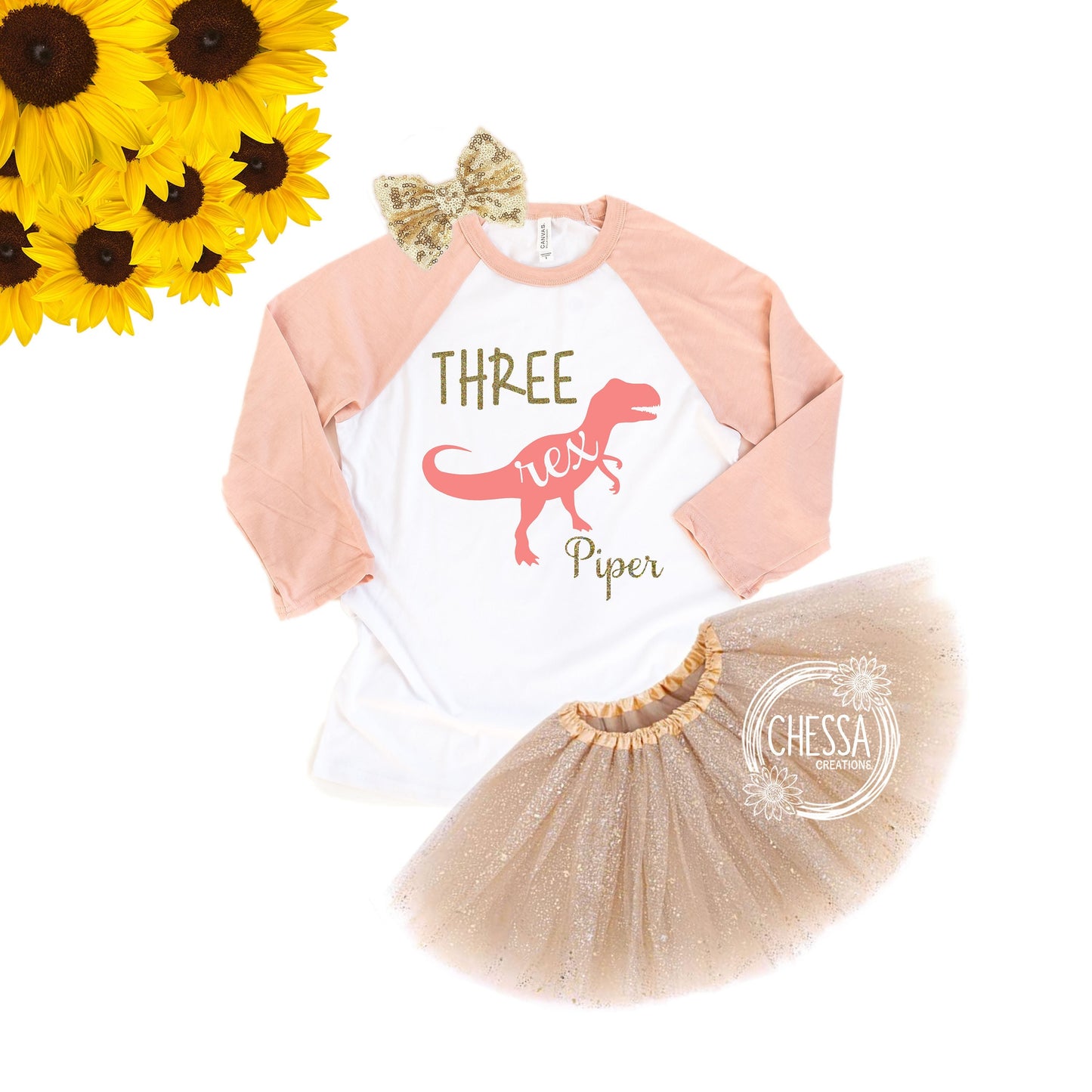 3 Rex Dinosaur Birthday Shirt Girl Three Rex 3rd, 4th, 5th, 3 Year Old, Dinosaur Birthday Girl Shirt Birthday Outfit Coral & Gold Glitter