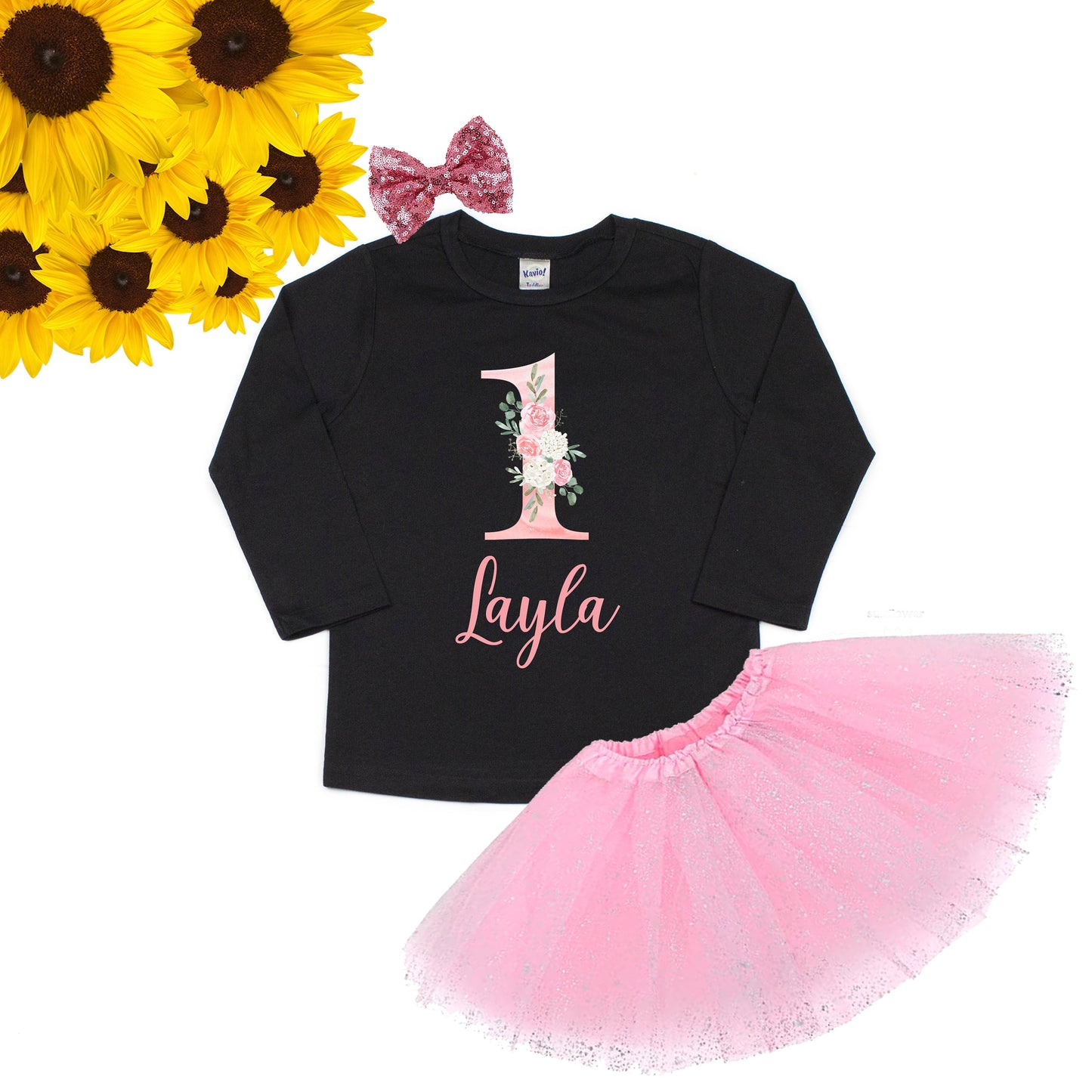 Girls Birthday Shirt 1st Girl Outfit Floral One Two Three Four Year Old Girl Birthday, Pink Floral, Long or Short Sleeve with Tutu & Bow