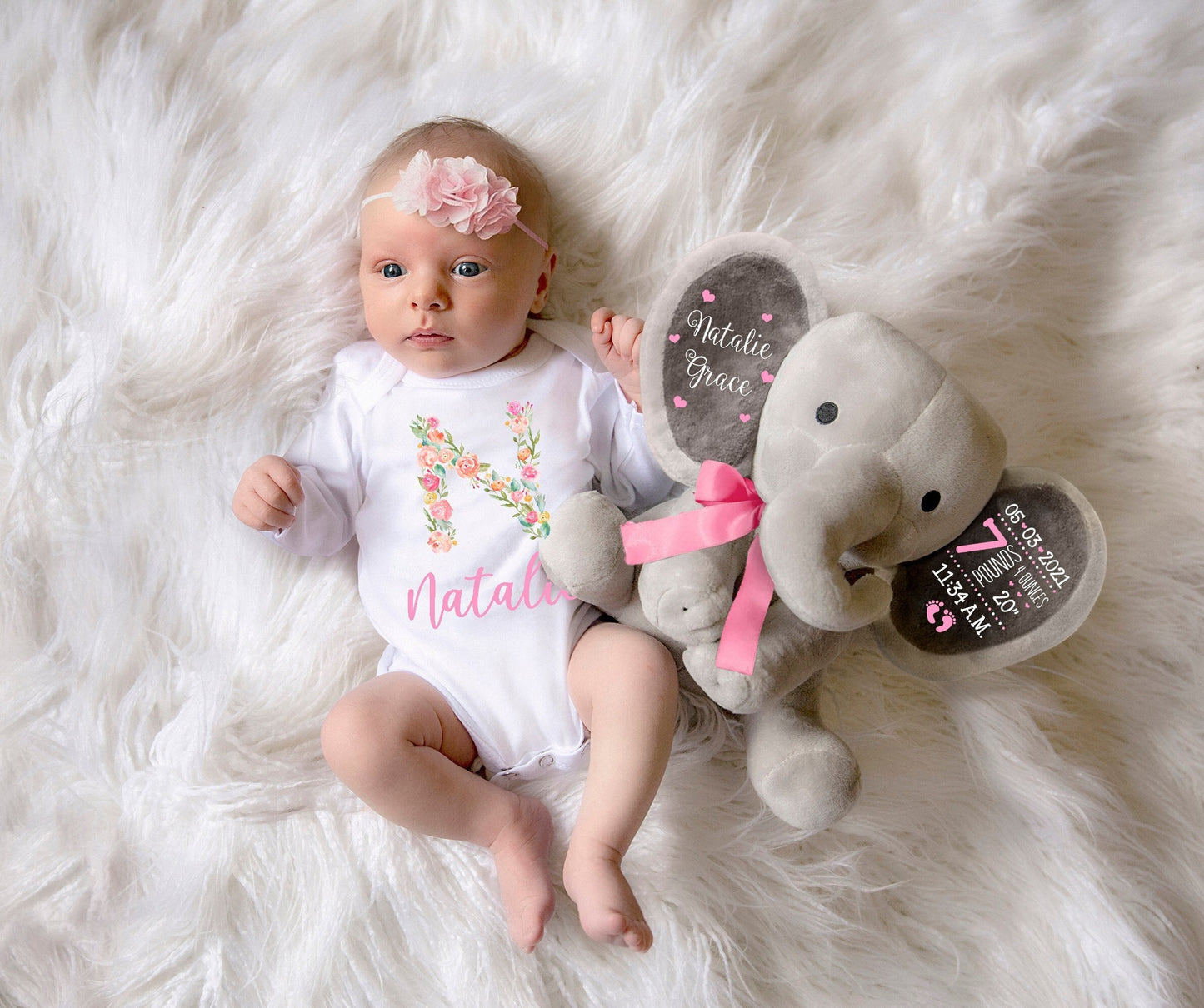 Baby Girl Shower Gift Basket 2-Piece Set Personalized Elephant Stuffed Animal Newborn Girl Basket Personalized Floral Bodysuit, Cursive Pink