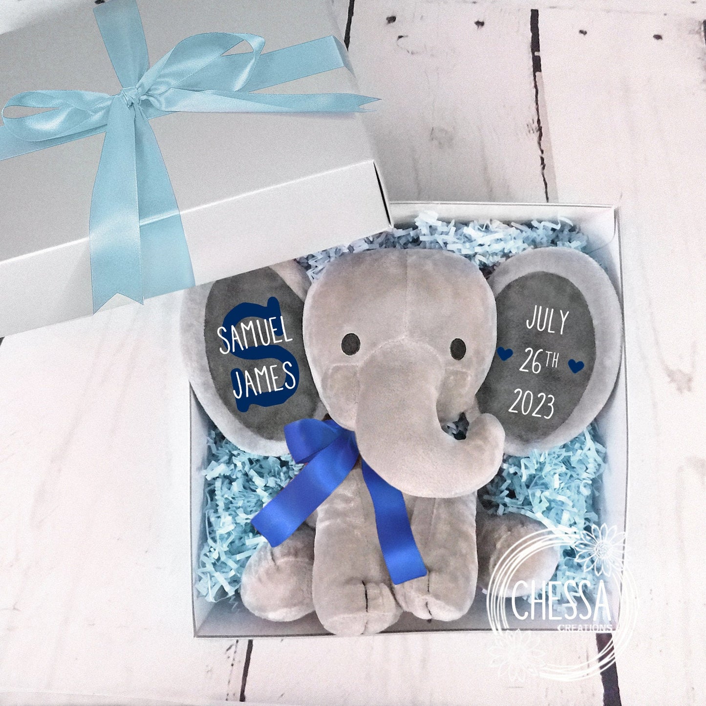 Baby Boy Shower Gift Basket 2-Piece Set Personalized Stuffed Animal Newborn Boys Basket Personalized Bodysui Royal Blue Elephant in Gift Box