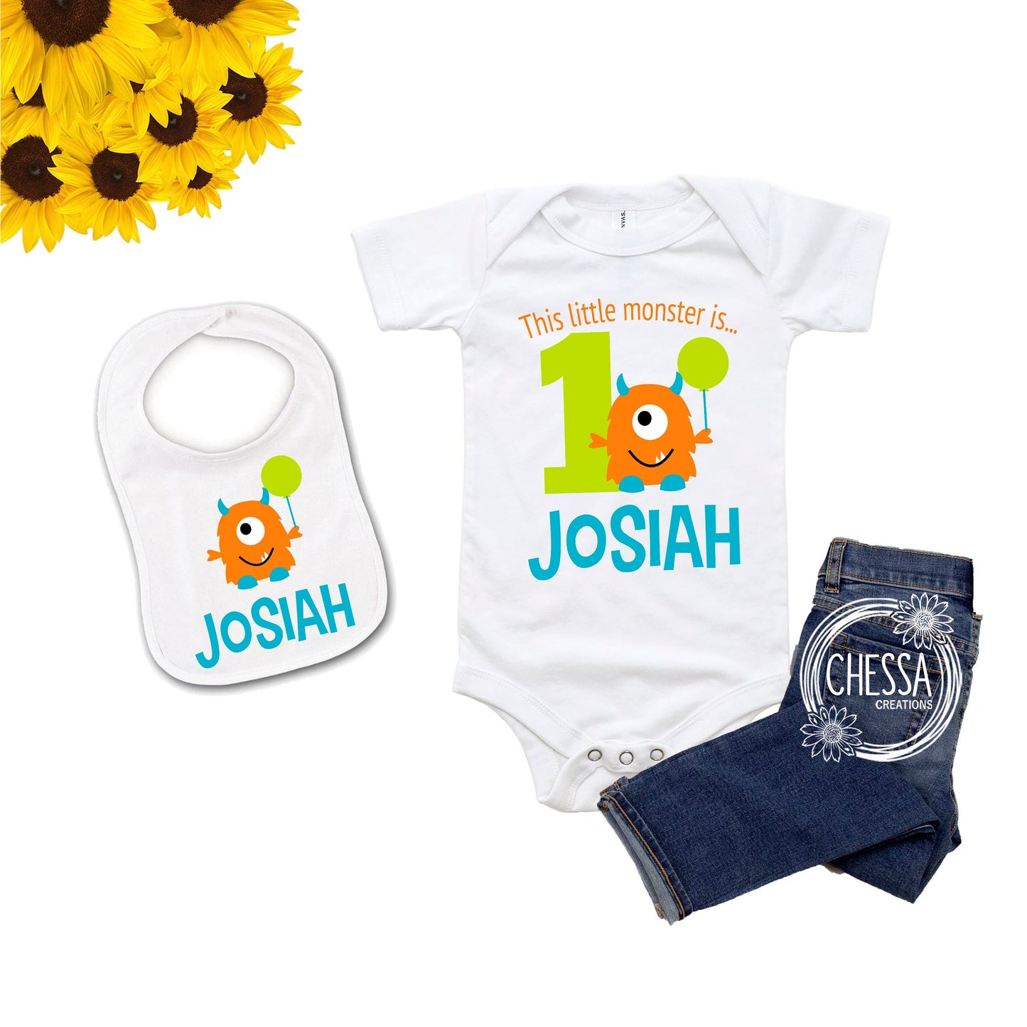 Boys Monster 1st Birthday Outfit Boy First One Year Old Long or Short Sleeve Shirt with Optional Bib, Cake Smash Bib & Onesie Set