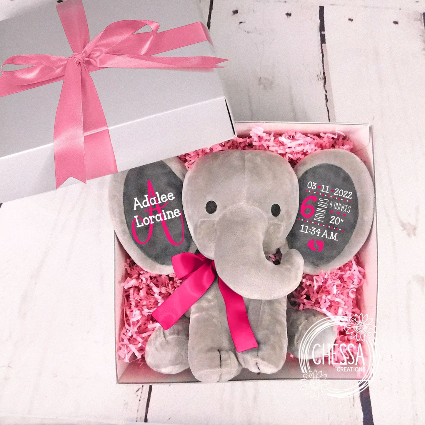 Newborn Baby Girl Gift Set 2-Pieces Customized Elephant Stuffed Animal Swirlie Initial Baby Shower Basket Personalized Floral Hot Pink