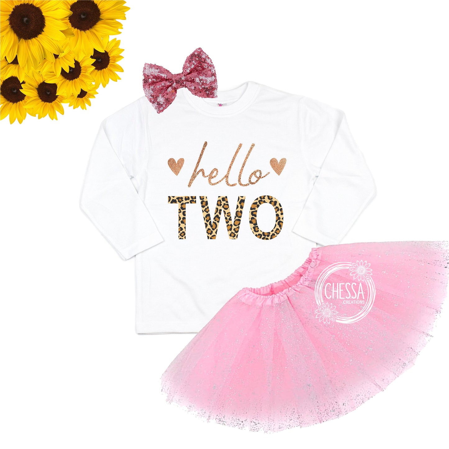 Hello Two Girls 2nd Birthday Outfit 2, 3, 4, 5, 6, or 7 Year Old Girl Birthday Outfit, Animal Print, Leopard Pattern, with Silver Tutu & Bow