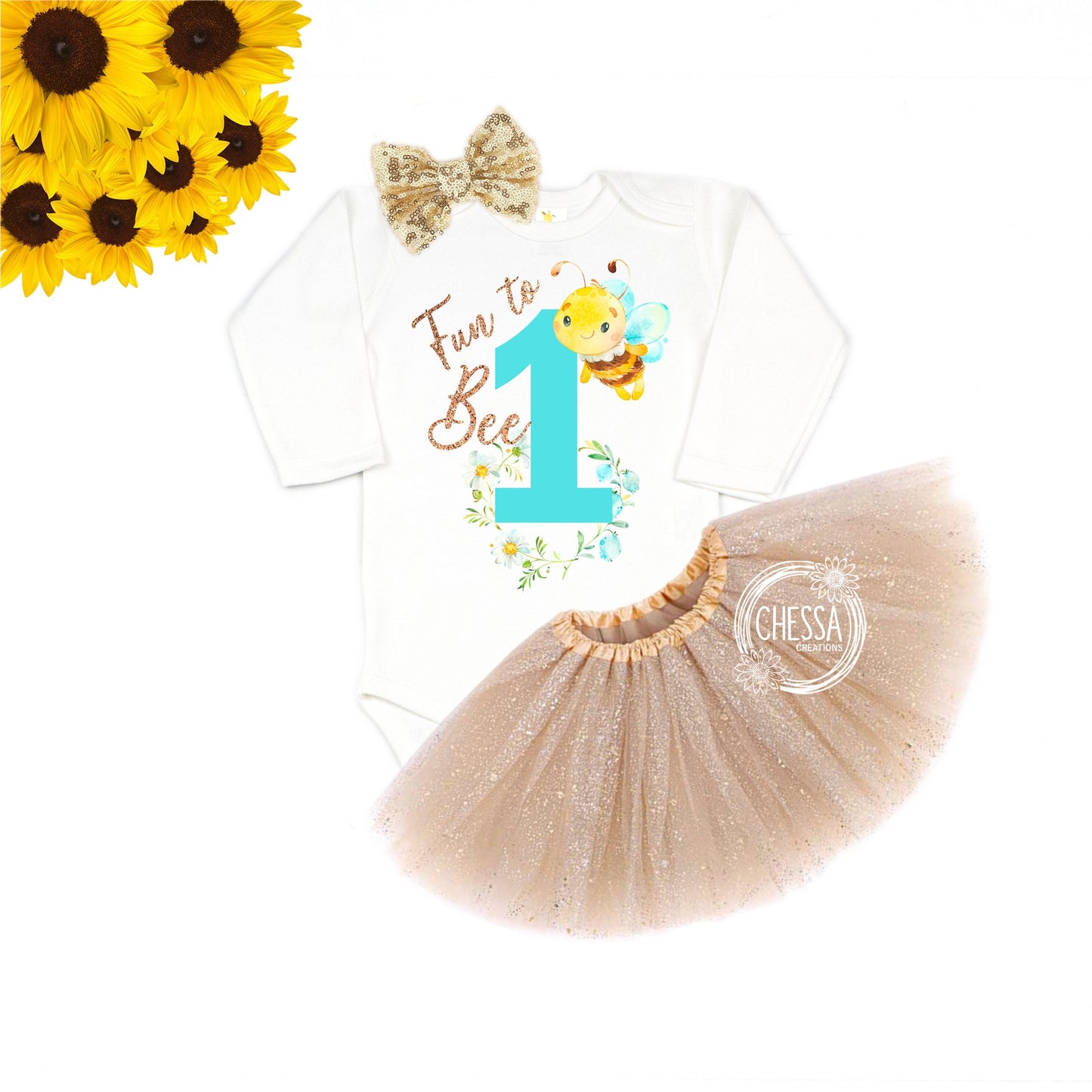 Fun to BEE 1 First Birthday Girl Outfit ANY AGE! 1 2 3 4 5 Year Old Shirt, Bumble Bee, Spring Summer Birthday, Gold Glitter Tutu & Bow