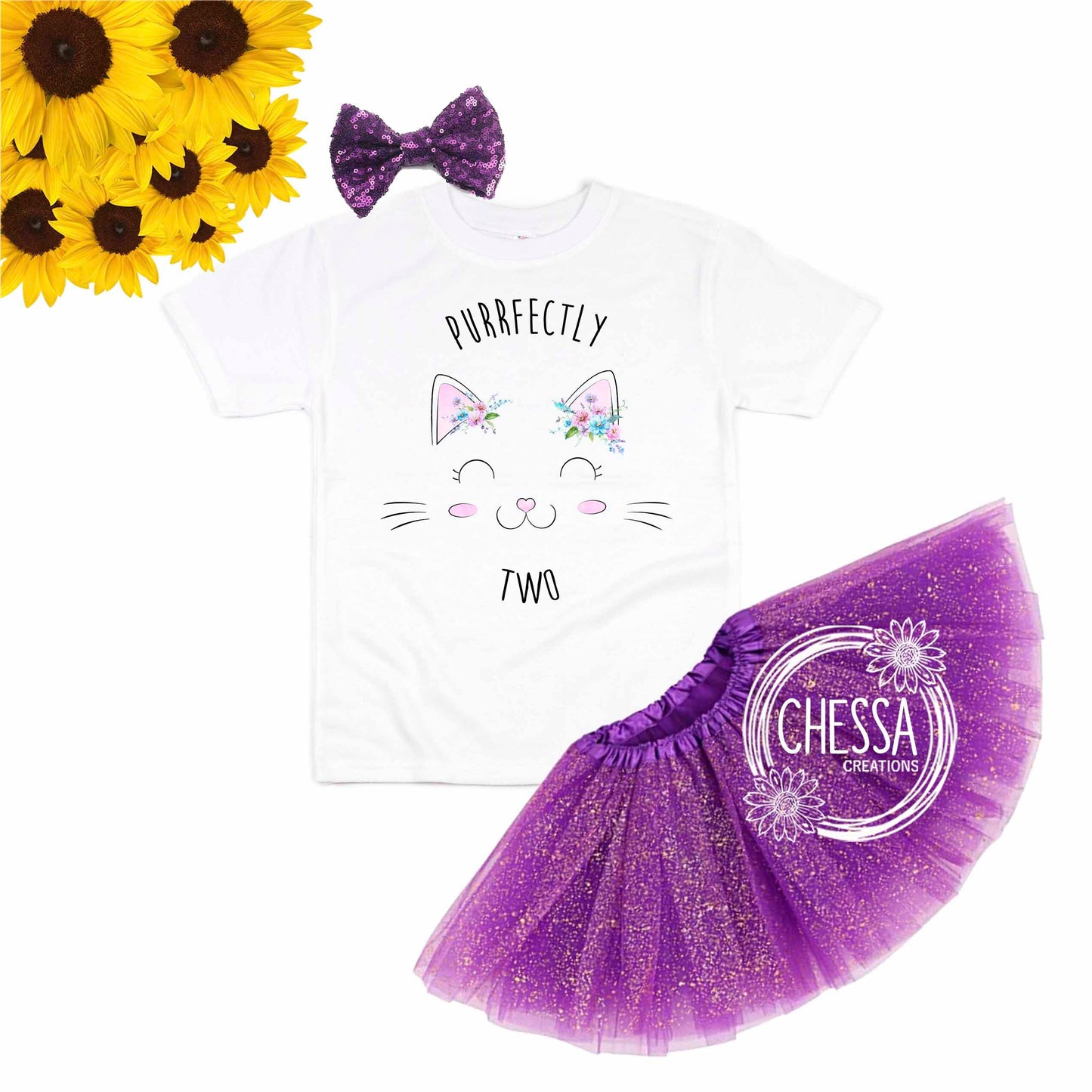 Purrfectly THREE Girls Cat Birthday Outfit 1, 2, 3, 4, 5, 6 Year Old Any age! Kitten Long or Short Sleeve Kitty Shirt, Tutu, Bow, Ink Print