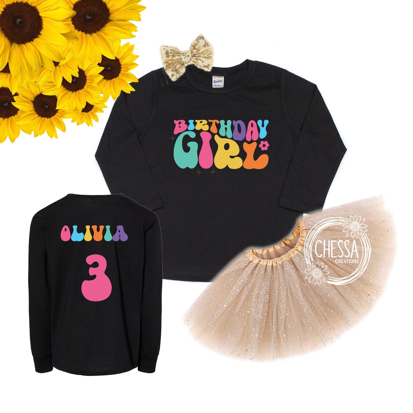 Girls Birthday Outfit Groovy Retro Vintage Hippie Girl Shirt 1 2 3 4 5 Year Old, Long or Short Sleeve w/ Tutu & Bow, Professional Ink Print