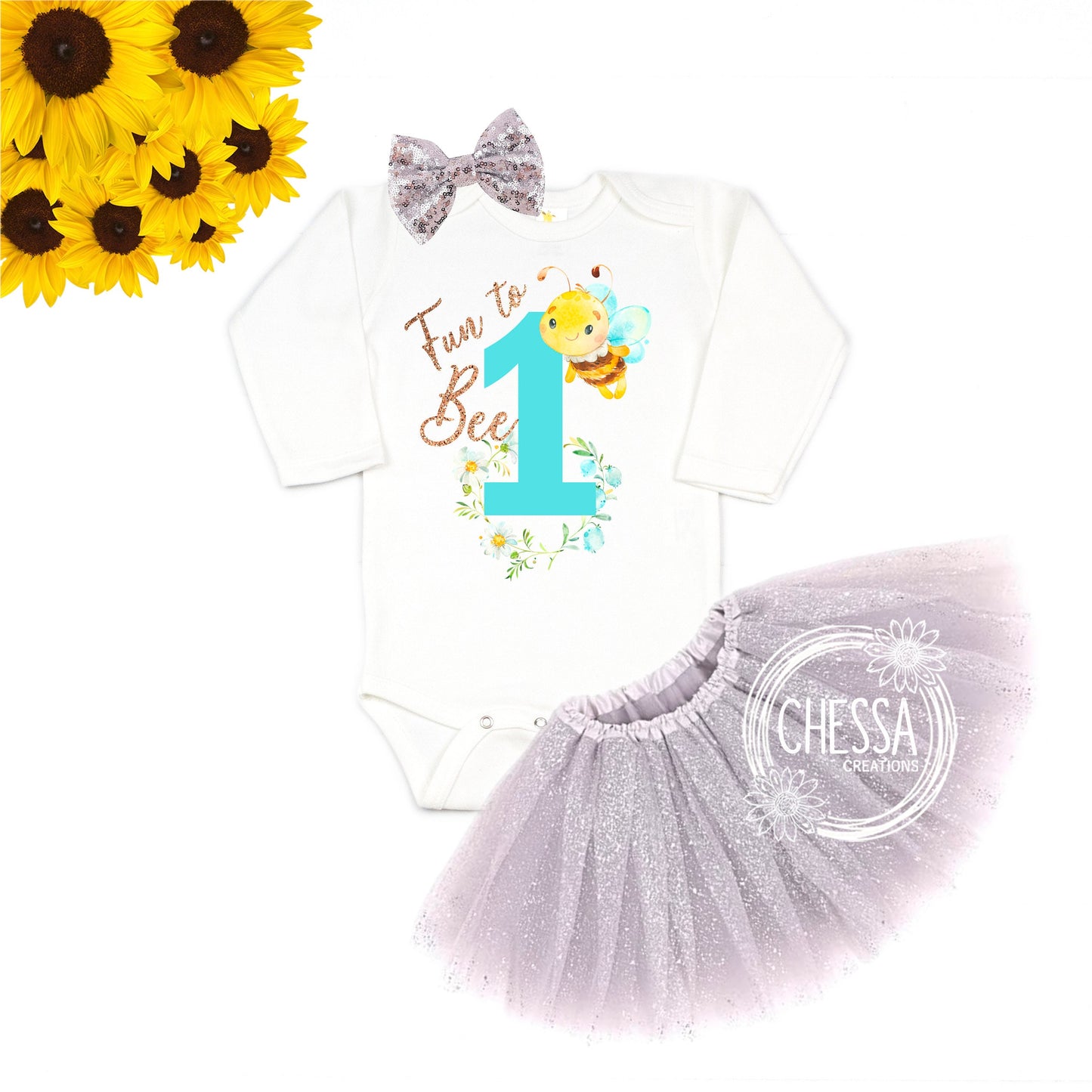 Fun to BEE 1 First Birthday Girl Outfit ANY AGE! 1 2 3 4 5 Year Old Shirt, Bumble Bee, Spring Summer Birthday, Gold Glitter Tutu & Bow