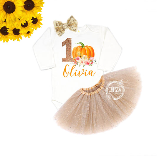 Fall 1st Birthday Girl Outfit, Pumpkin Shirt for First Birthday Cake Smash, Tutu & Bow Set, Glitter Gold, ANY AGE! Professional Ink Print