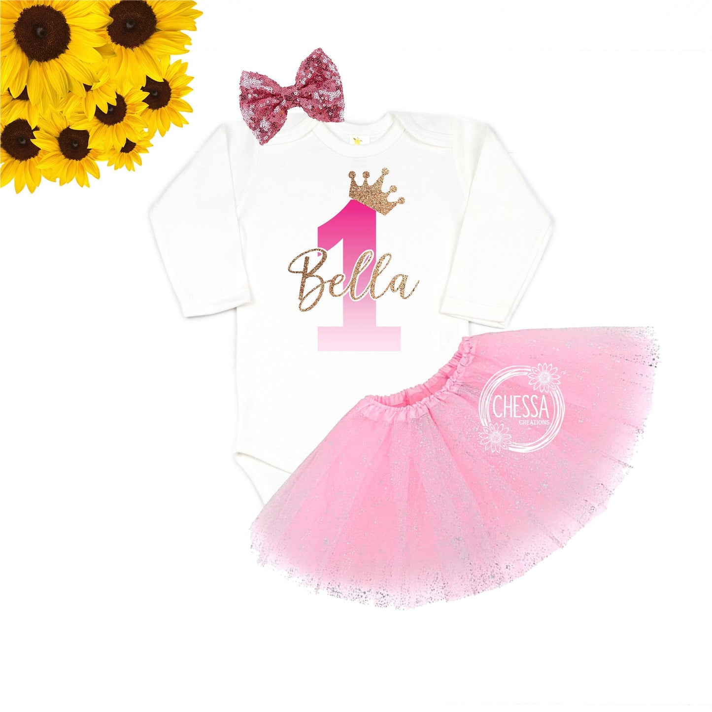 1st Birthday Girl Outfit, Shirt for First Birthday Cake Smash, ANY AGE!, 2nd, 3rd, 4th, 5th, Birthday Long Sleeve, Pink Ombre & Gold Glitter