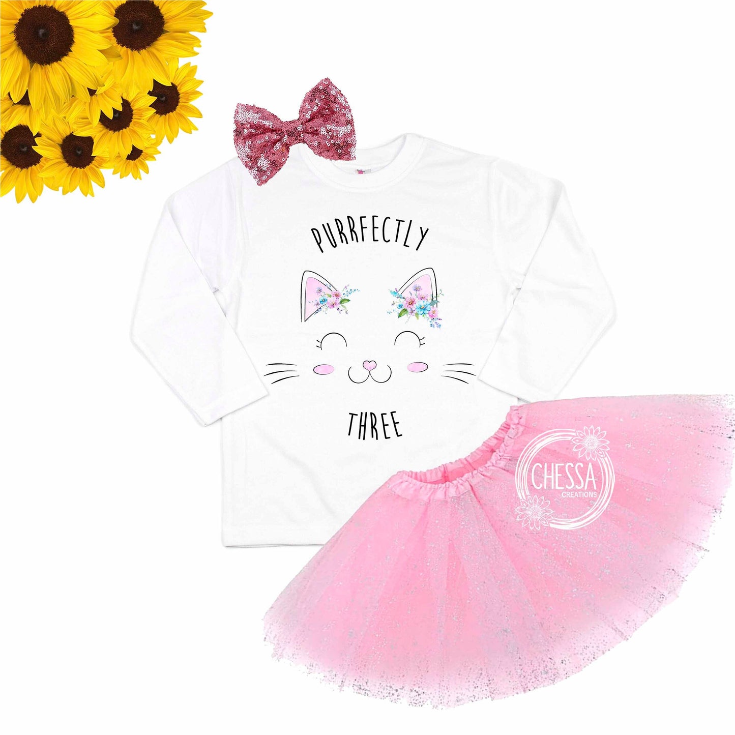 Purrfectly THREE Girls Cat Birthday Outfit 1, 2, 3, 4, 5, 6 Year Old Any age! Kitten Long or Short Sleeve Kitty Shirt, Tutu, Bow, Ink Print