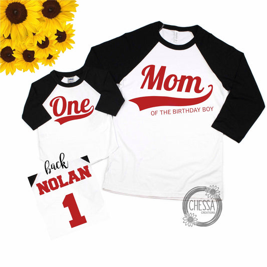 Baseball 1st Birthday Boy Outfit Family Mom, Dad Raglan 3/4 Sleeve for One Year Old Birthday, Red, Black, White, ANY AGE