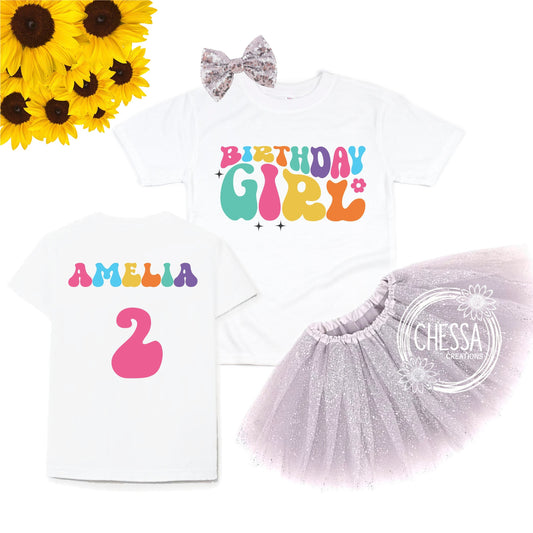 Girls Birthday Outfit Groovy Retro Vintage Hippie Girl Shirt 1 2 3 4 5 Year Old, Long or Short Sleeve w/ Tutu & Bow, Professional Ink Print