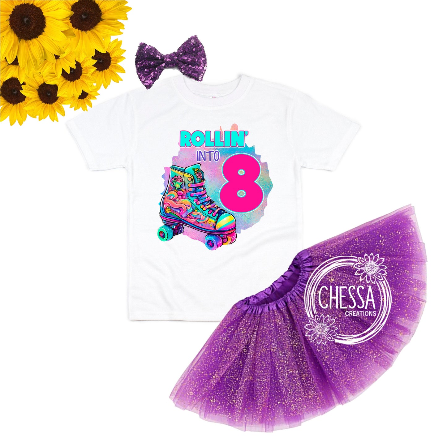 Skating Birthday Girl Outfit, Rollin into ANY AGE! Shirt for Cake Smash, Colorful Roller Skate Rink Outfit Set with Tutu & Bow