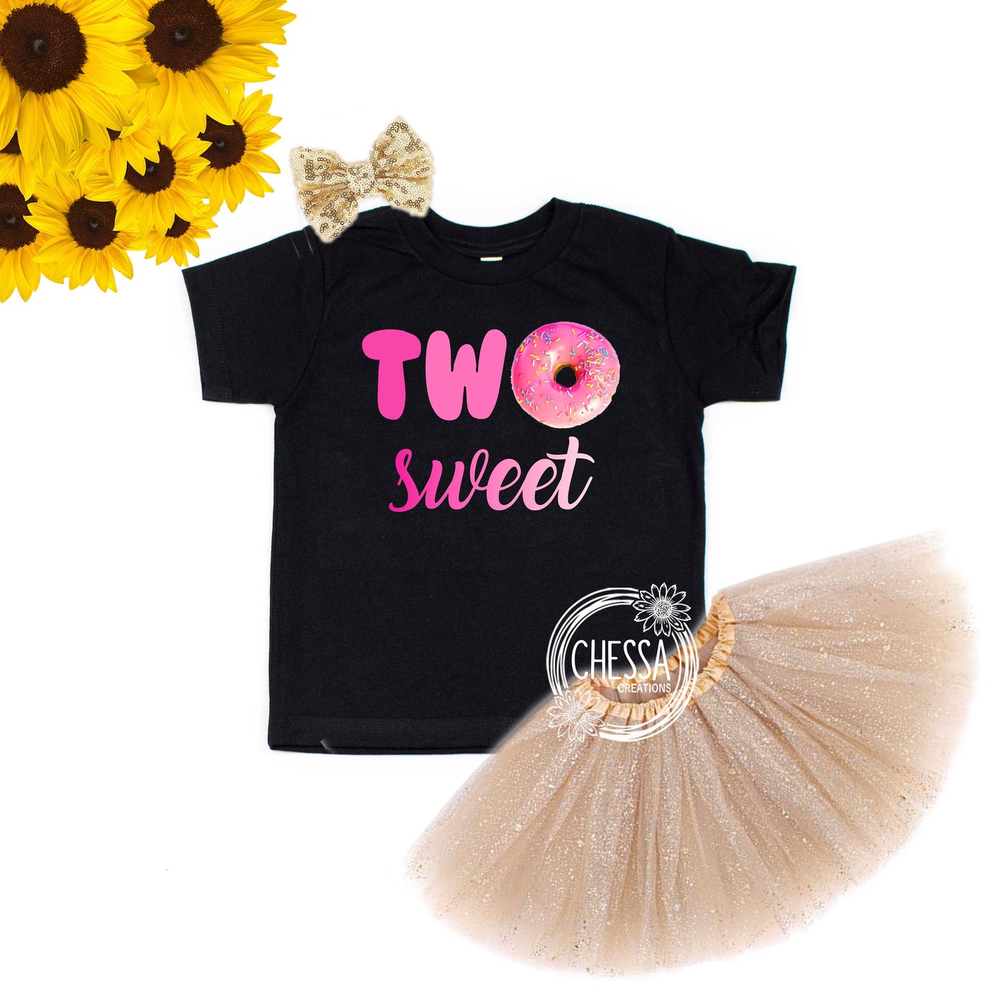 2nd Birthday Outfit Girl Two Sweet Donut 2 Year Old Girl Birthday Outfit, Short or Long Sleeve Shirt with Tutu and Bow, Pro Ink Print