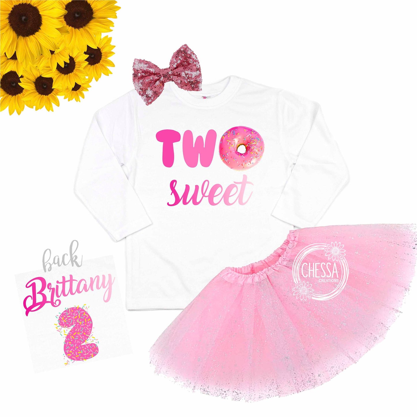 2nd Birthday Outfit Girl Two Sweet Donut 2 Year Old Girl Birthday Outfit, Short or Long Sleeve Shirt with Tutu and Bow, Pro Ink Print