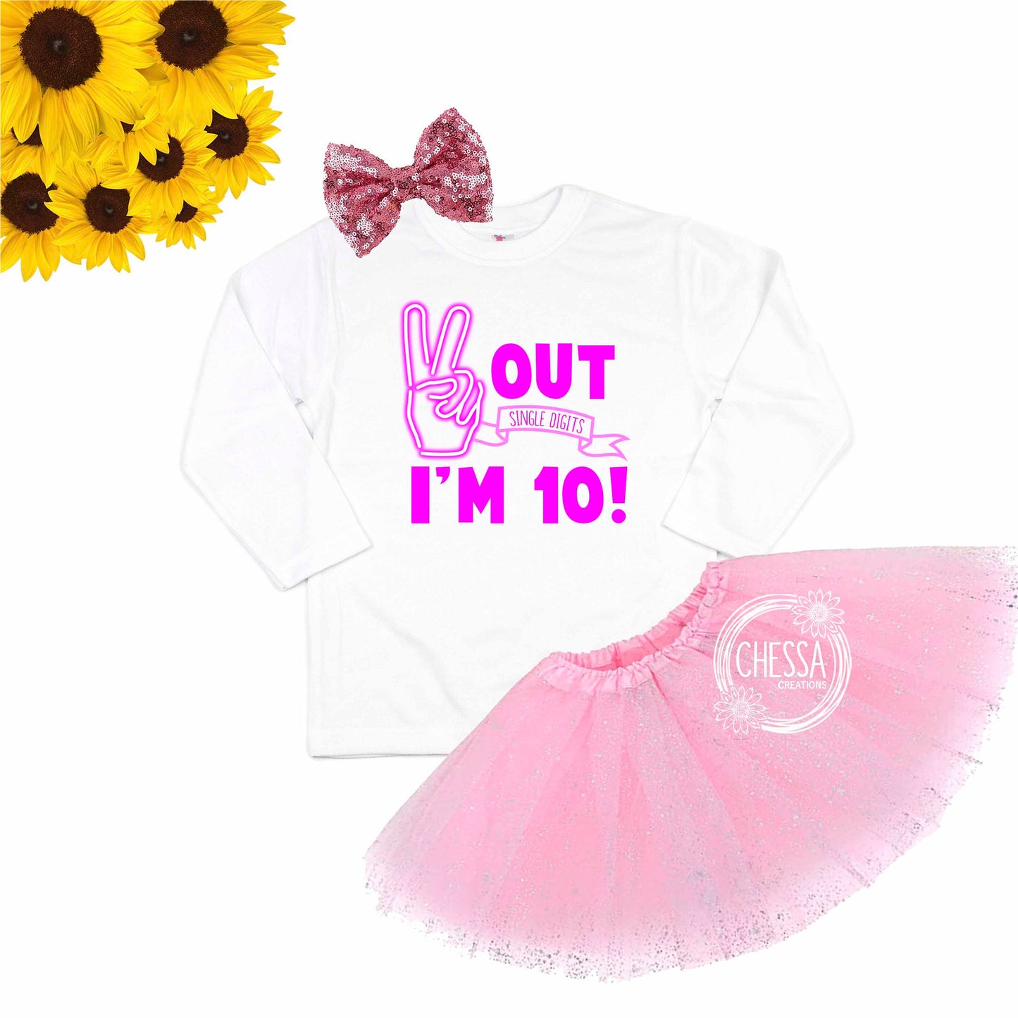 10th Birthday Girl Outfit Shirt for Girls 10th Birthday Long or Short Sleeve Shirt w/ Tutu & Bow, Neon Peace Out Single Digits I'm 10 Retro