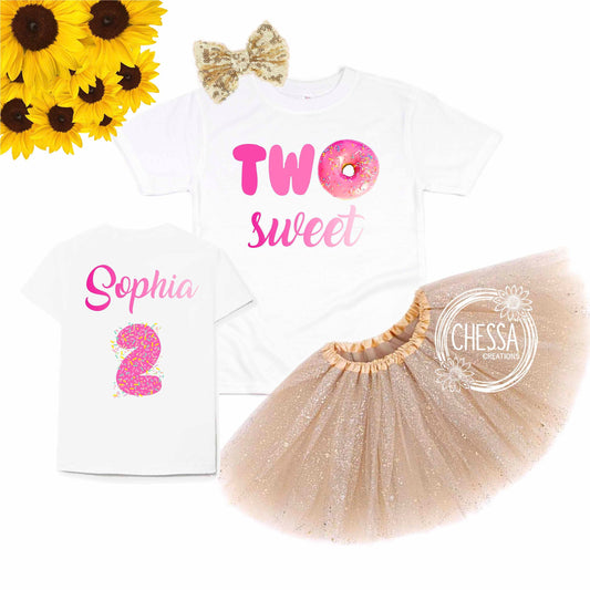 2nd Birthday Outfit Girl Two Sweet Donut 2 Year Old Girl Birthday Outfit, Short or Long Sleeve Shirt with Tutu and Bow, Pro Ink Print