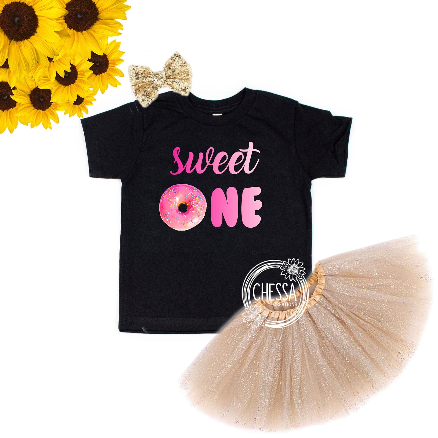 Sweet One First Birthday Girl Outfit, Donut Shirt for 1st Birthday Cake Smash, Set with Tutu & Bow, Glitter Gold, Pink, Pro Ink Print