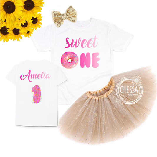 Sweet One First Birthday Girl Outfit, Donut Shirt for 1st Birthday Cake Smash, Set with Tutu & Bow, Glitter Gold, Pink, Pro Ink Print