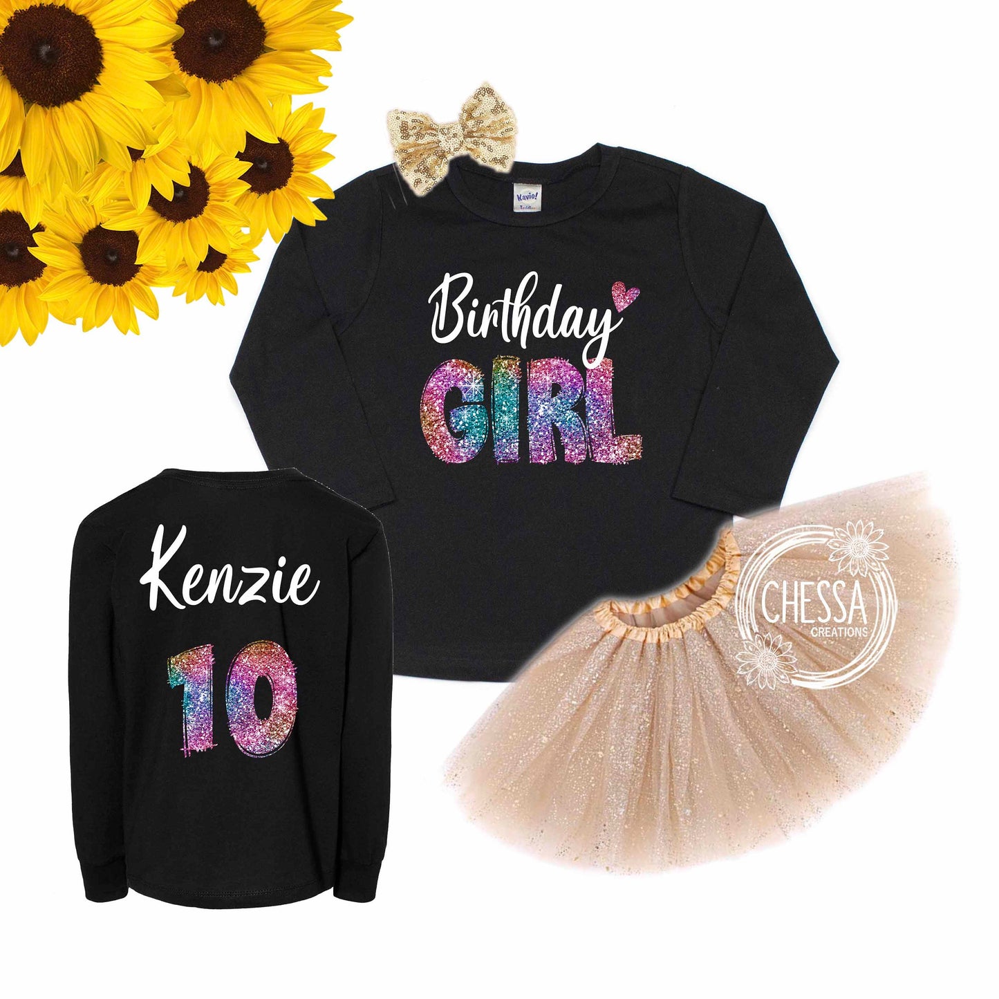 Birthday Girl Outfit Girls Shirt, ANY AGE! 1st 2nd 3rd One Year Old Long or Short Sleeve Shirt w/ Tutu & Bow Professional Ink Print Glitter