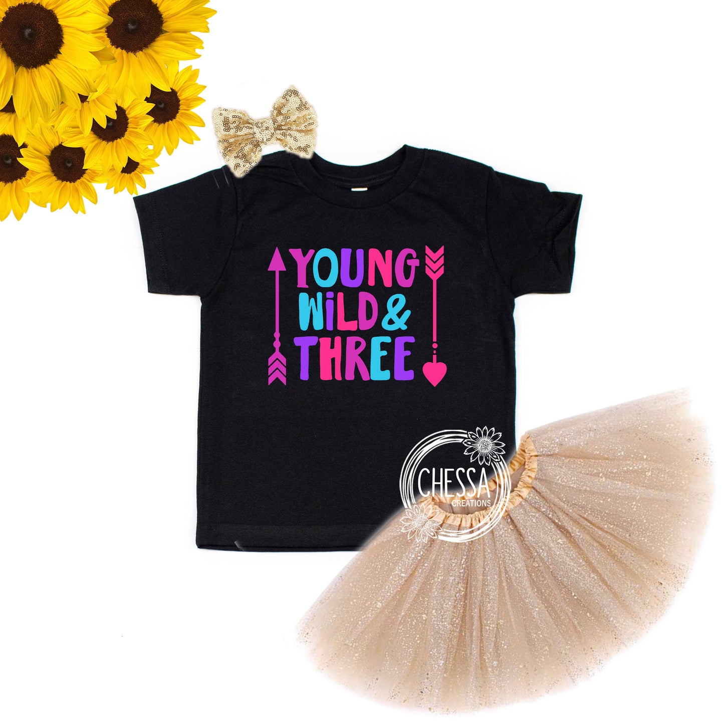 Young Wild & THREE Girls Birthday Outfit Girl Shirt 3 Year Old, Long or Short Sleeve w/ Tutu and Bow, Professional Ink Print, 3rd Party