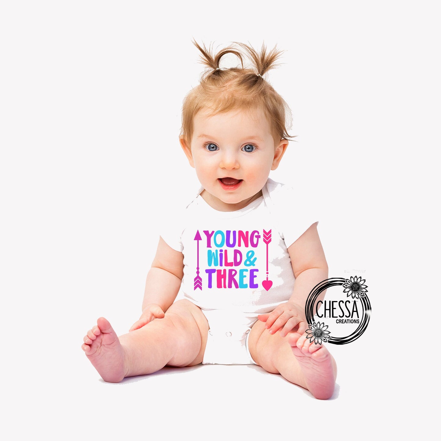 Young Wild & THREE Girls Birthday Outfit Girl Shirt 3 Year Old, Long or Short Sleeve w/ Tutu and Bow, Professional Ink Print, 3rd Party