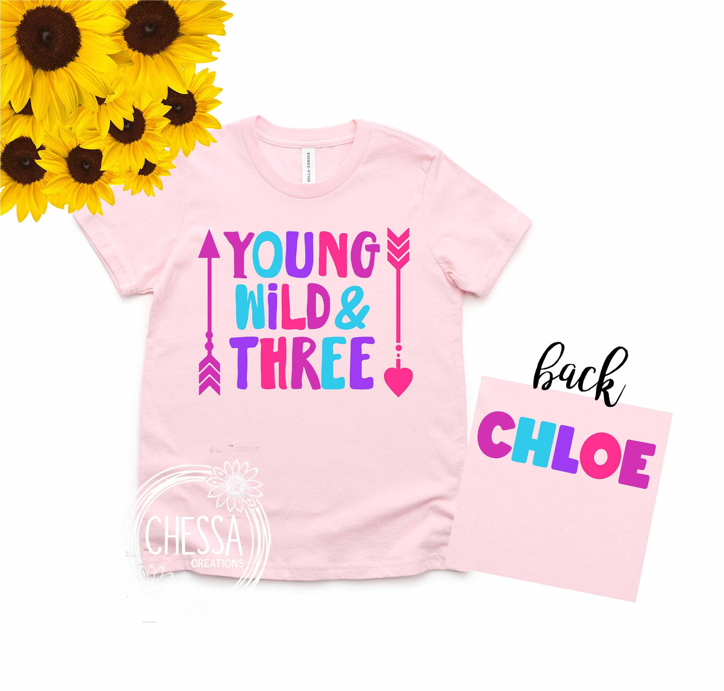 Young Wild & THREE Girls Birthday Outfit Girl Shirt 3 Year Old, Long or Short Sleeve w/ Tutu and Bow, Professional Ink Print, 3rd Party