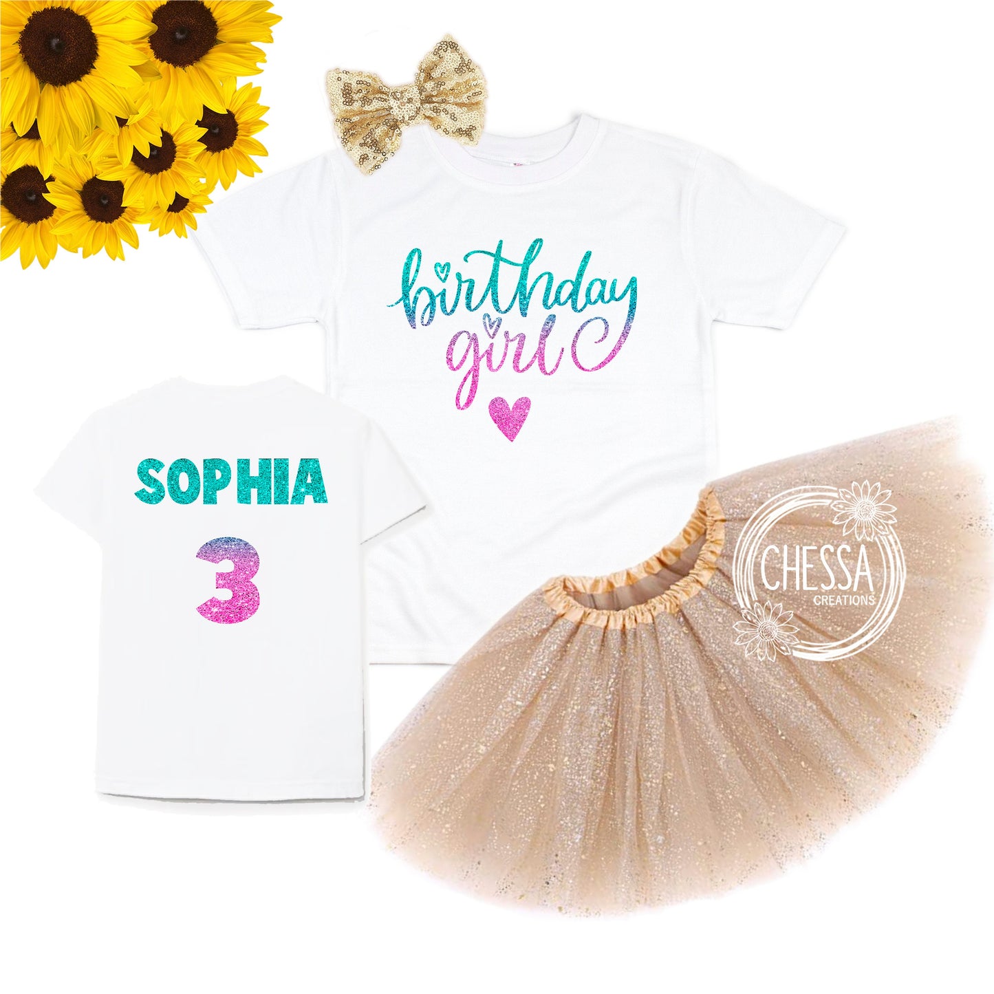 Birthday Girl Outfit Girls Shirt Custom 1st 2nd 3rd One Year Old Long or Short Sleeve Shirt w/ Tutu & Bow Purple Hot Pink Aqua Ombre Glitter