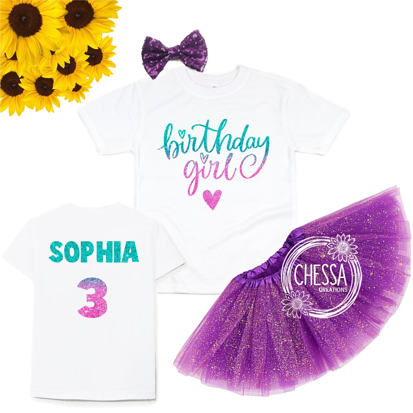 Birthday Girl Outfit Girls Shirt Custom 1st 2nd 3rd One Year Old Long or Short Sleeve Shirt w/ Tutu & Bow Purple Hot Pink Aqua Ombre Glitter