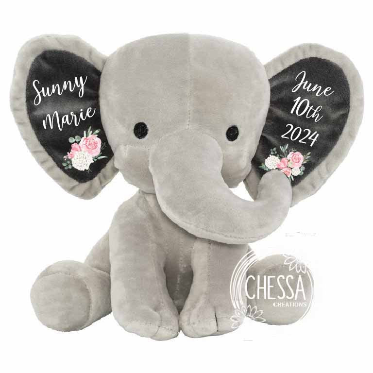 Newborn Baby Girl Gift Set 3-Pieces Customized Elephant Stuffed Animal Baby Shower Basket Personalized Floral Bodysuit and Bib for New Mom