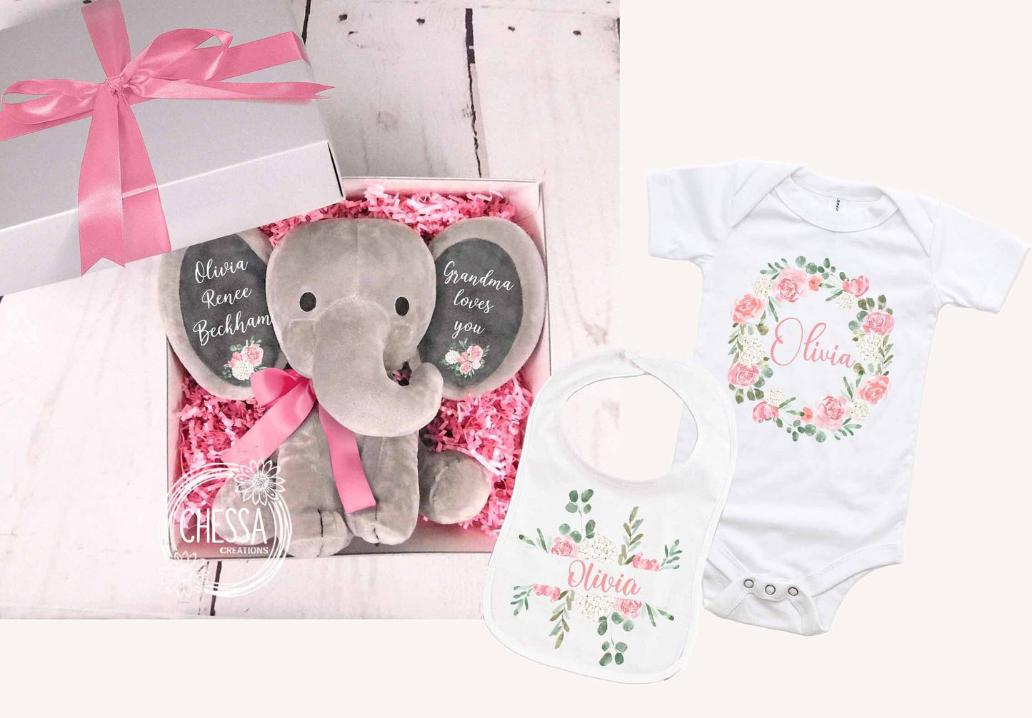 Newborn Baby Girl Gift Set 3-Pieces Customized Elephant Stuffed Animal Baby Shower Basket Personalized Floral Bodysuit and Bib for New Mom