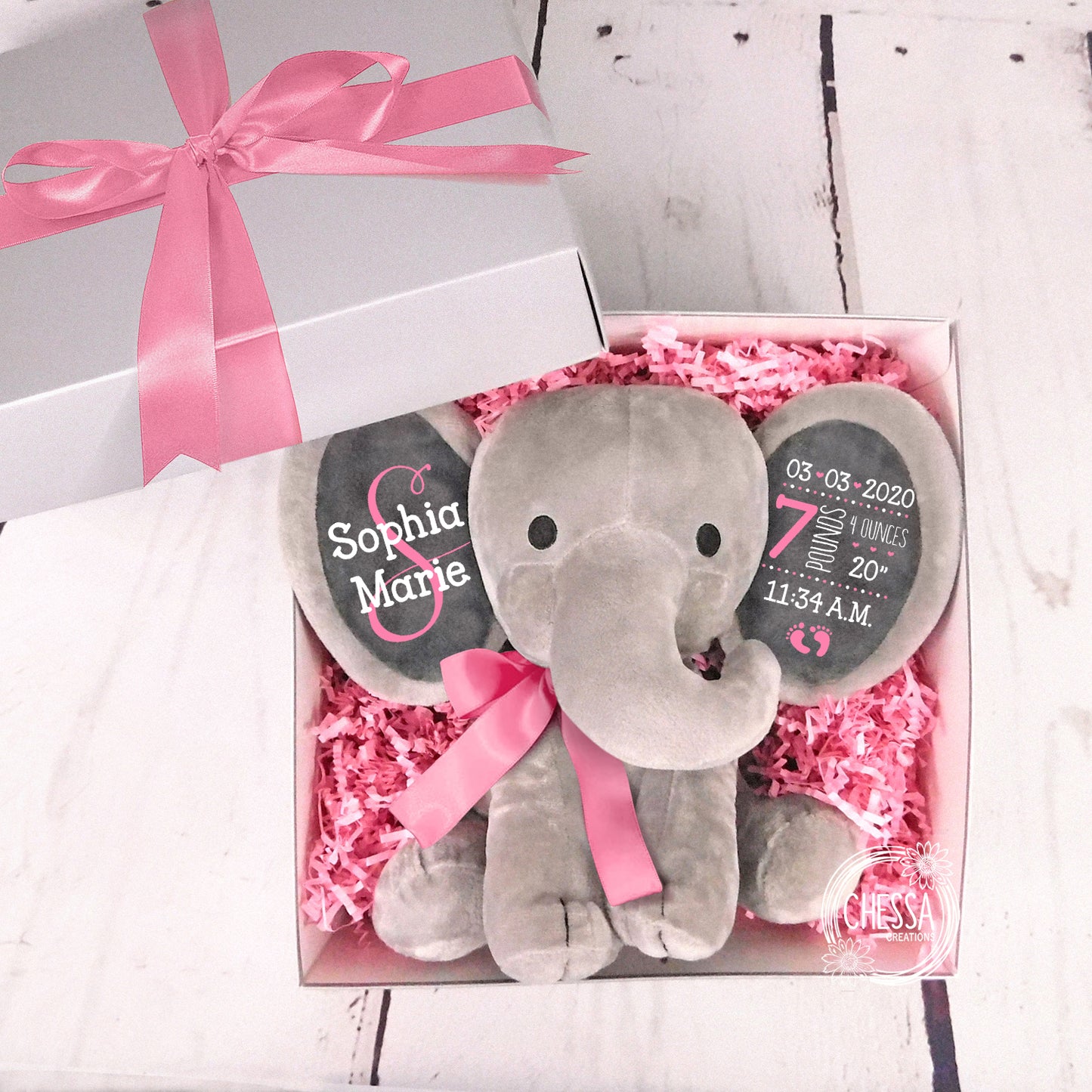 Newborn Baby Girl Gift, Custom Stuffed Elephant, Birth Stats, Photo Prop, Unique New Baby Gift Set for Basket, Cute Baby Shower, Rose Gold