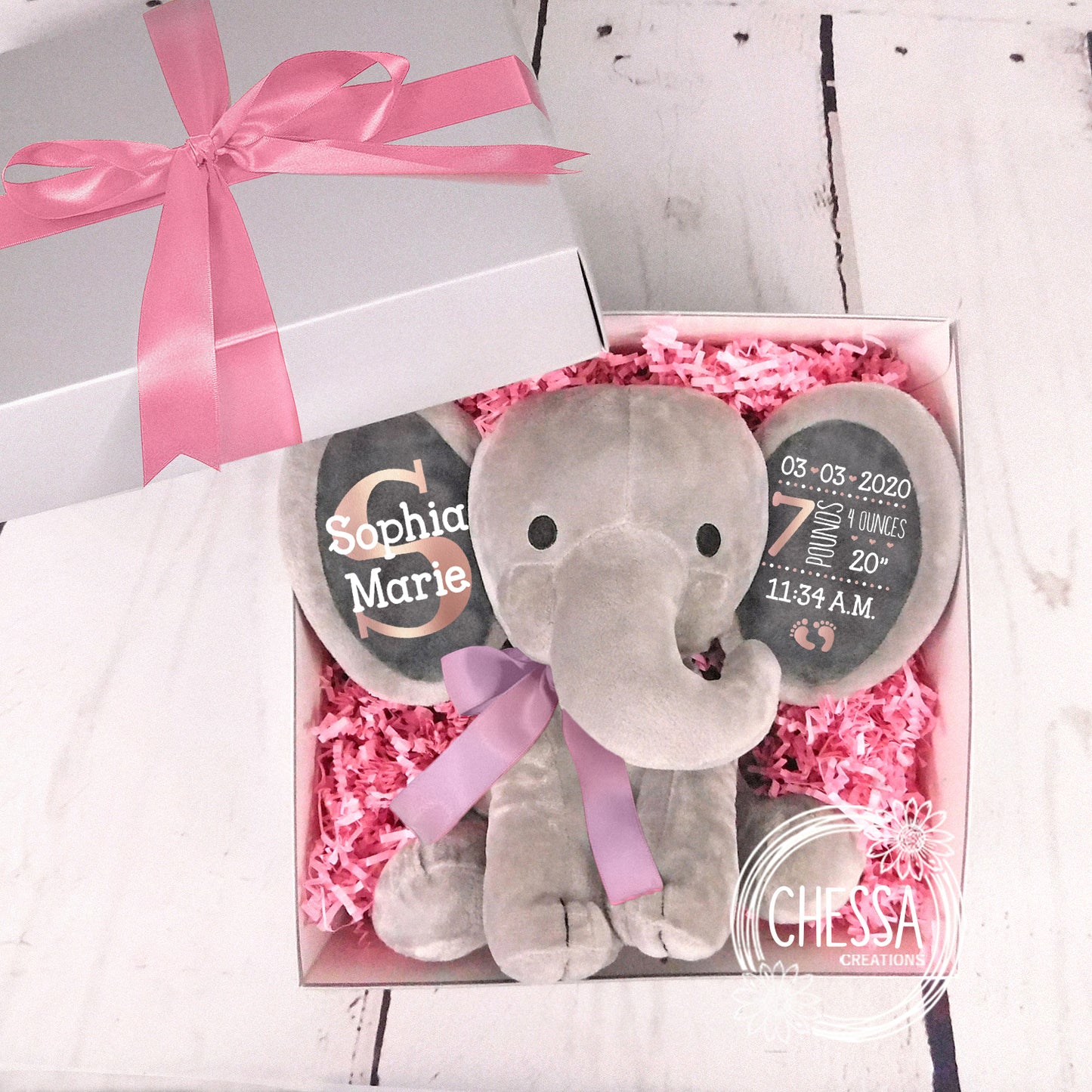 Newborn Baby Girl Gift, Custom Stuffed Elephant, Birth Stats, Photo Prop, Unique New Baby Gift Set for Basket, Cute Baby Shower, Rose Gold